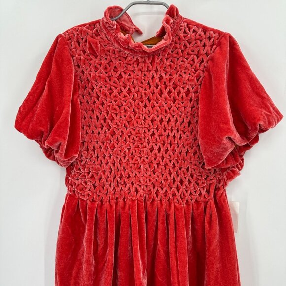 Free People Tangerine Crushed Velvet Gumdrop Mini Dress size M Smocked Open Back - Picture 2 of 10